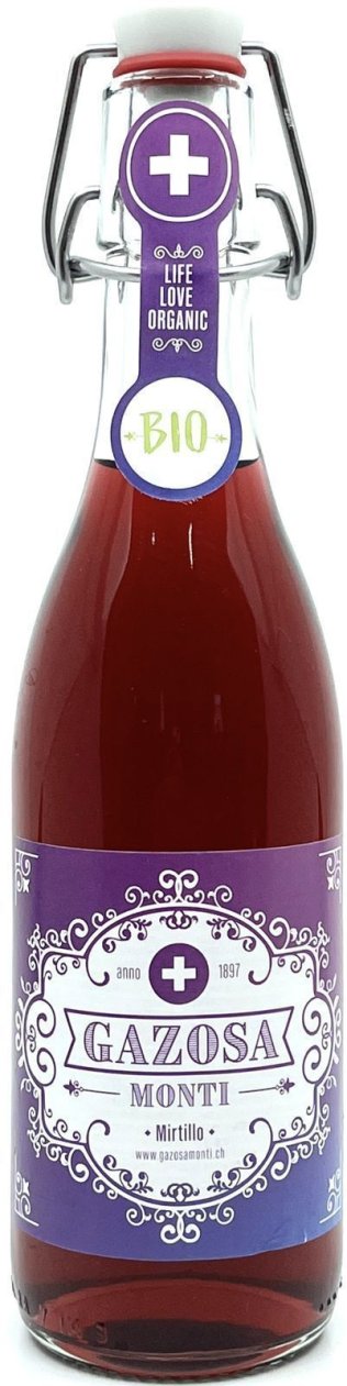 Gazosa Monti Mirtillo (Heidelbeer) BIO, Bügelflasche Glas MW HARASSE