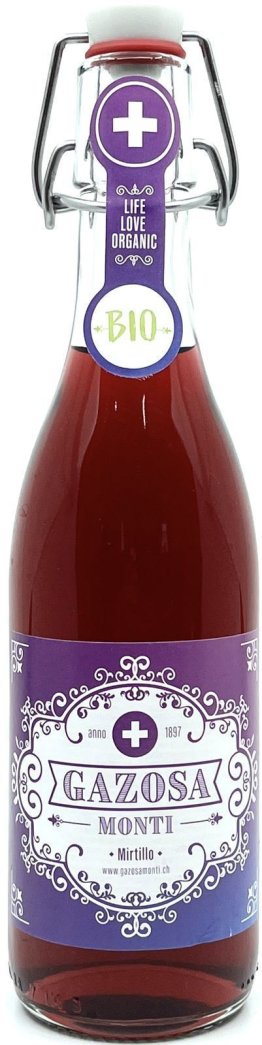 Gazosa Monti Mirtillo (Heidelbeer) BIO, Bügelflasche Glas MW HARASSE